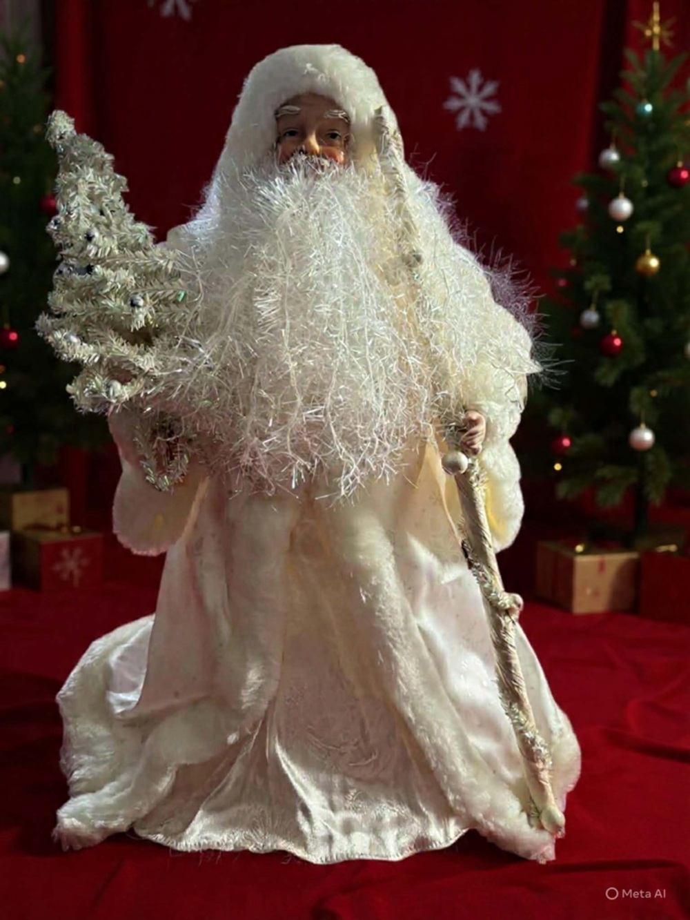 Santa dressed in White Carrying a tree-home decor
